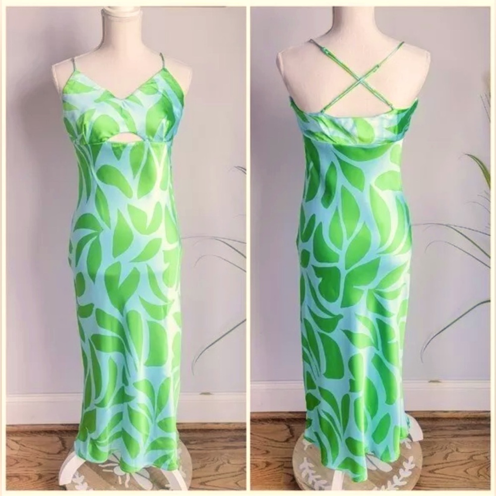 HOUSE OF HARLOW 1960 SATIN CUT OUT FRONT & CRISSCROSSED BACK MIDI DRESS SIZE XS